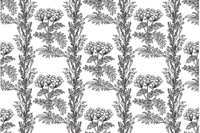 Line art botanical seamless plant pattern with flowers vector bg