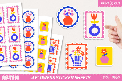 Retro Flowers Sticker Sheets | Floral Stamp Planner Sticker