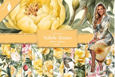 Watercolor Yellow Roses Digital Paper, Floral Seamless Patterns, Vinta