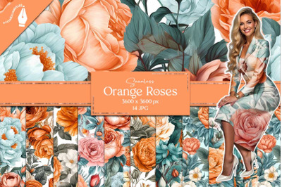 Watercolor Orange Roses Peonies Digital Paper, Floral Pastel Seamless