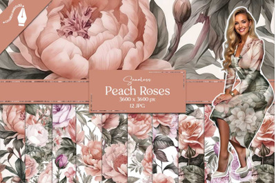 Peach Roses Digital Paper, Seamless Floral Backgrounds