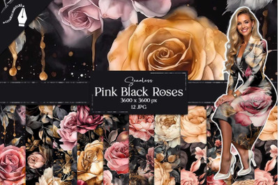 Pink Black Roses Digital Paper, Gothic Backgrounds, Dark Romantic Peon