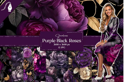 Watercolor Purple Black Roses Digital Paper, Gothic Peony Backgrounds