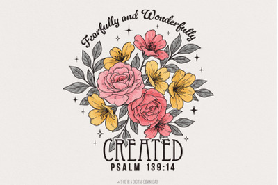 Fearfully and Wonderfully Png&2C; Christian Png&2C; Retro Boho Floral&2C; Bible