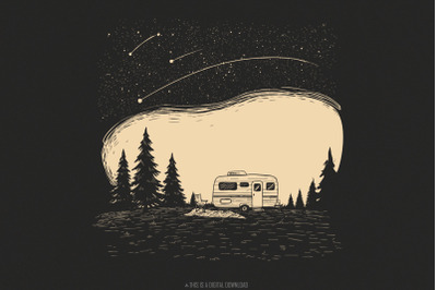 Camping Life PNG&2C; Retro Camper Under Stars&2C; Outdoor Adventure Design&2C;
