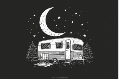 Camping Life PNG&2C; Retro Camper Under Stars&2C; Outdoor Adventure Design&2C;