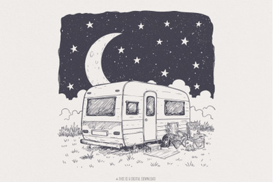 Moonlit Caravan PNG&2C; Starry Night Camping Design&2C; Retro Camper Scene&2C;
