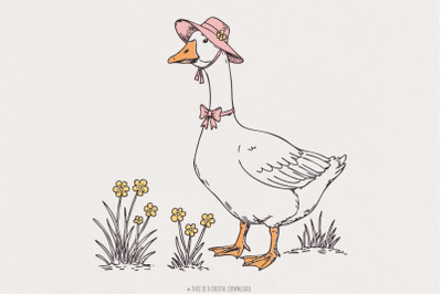 Spring Silly Goose PNG Digital Download, Retro Cottagecore Trendy Art,