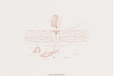 Beach Vibes PNG, Summer Line Art Design, Retro Beach Scene, Seaside Ar