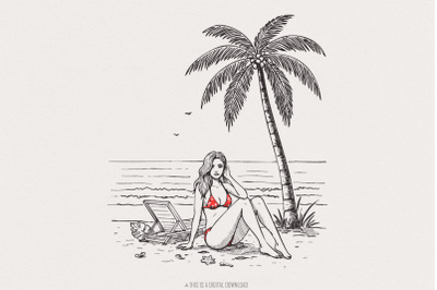 Palm Tree Relaxation PNG, Tropical Beach Scene, Summer Vacation Illust