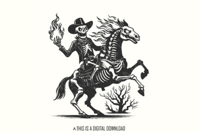 Skeleton Cowboy on Horse PNG, Western Gothic Art, Spooky Skeleton Ride