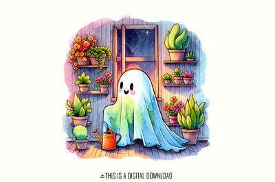 Cute Ghost with Houseplants PNG, Whimsical Garden Decor, Spooky Cute I