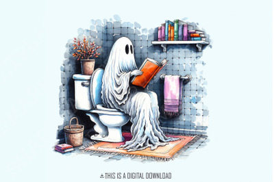 Funny Ghost Reading on Toilet T-Shirt Design, Cute Halloween Digital D