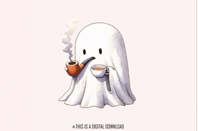 Cozy Ghost with Pipe and Coffee T-Shirt Design, Cute and Relaxing Digi