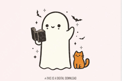 Ghost Reading Book PNG, Halloween Library PNG, Book Lover png, Cute Gh