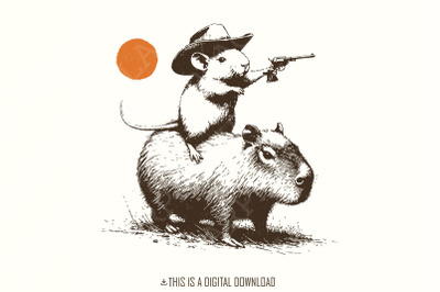 Funny Rat Riding Capybara Sketch&2C; Vintage Animals png&2C; Cute Capybara P
