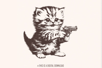 Killer Kitten PNG file for Print, Western Style Cute Cat with Gun T-Sh
