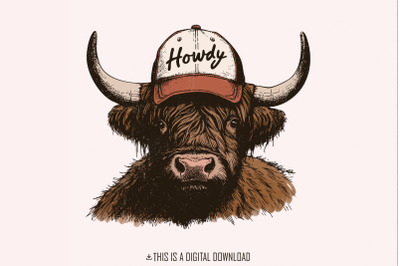 Howdy Western PNG, Highland Cow Design, Trendy Sublimation, Cowgirl pn