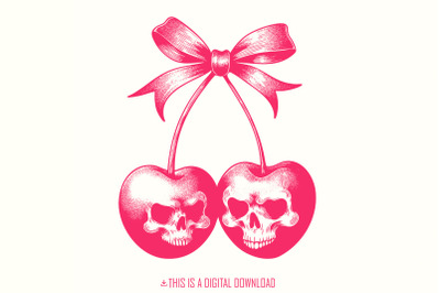 Skull Cherries PNG, Trendy Retro Halloween, Vintage Skull Fruit Digita