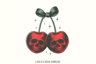 Skull Cherries PNG, Trendy Retro Halloween, Vintage Skull Fruit Digita
