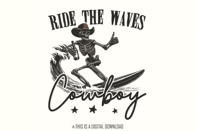 Surfing Cowboy Skeleton png, Trendy Western PNG Designs, Cowboy Summer