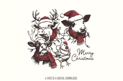 Cute Christmas Farm Animals PNG, Retro Farm Xmas Clipart, Highland Cow