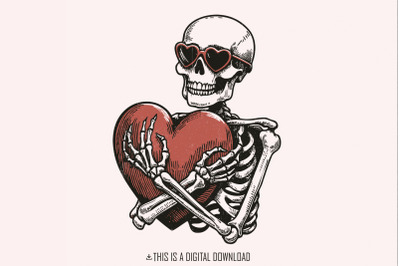 Skeleton Hugging a Heart PNG, Funny Valentines Day PNG, Skeleton Valen