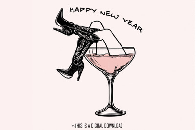 Happy New Year PNG, Cowgirl New Year Png, Groovy Disco Ball Png, Weste