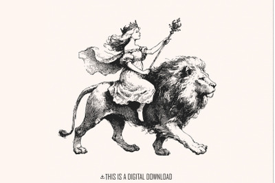 Vintage Queen Riding Lion Illustration - Regal Artwork&2C; Black and Whit