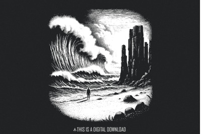 Dark Ocean Waves PNG, Dramatic Black and White Seascape, Moody Storm A