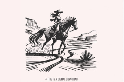 Cowgirl Country Western png, Vintage Illustration PNG, Retro Cowgirl B