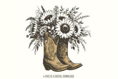 Sunflower Cowgirl Boots png PNG, Retro Cowgirl Boot Clipart, Vintage F
