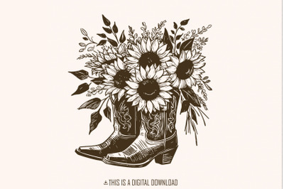 Sunflower Cowboy Boots png PNG, Retro Cowgirl Boot Clipart, Vintage Fl