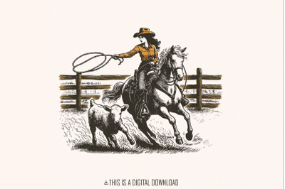 Retro Cowgirl Lasso PNG, Western Rodeo Art, Vintage Cowgirl png, Wild