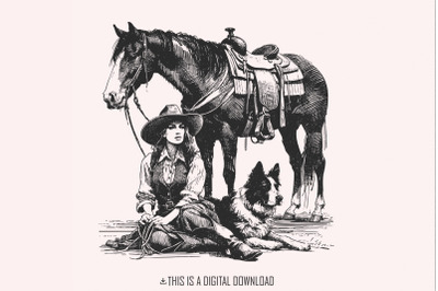 Retro Cowgirl Dog PNG&2C; Western Wild West Digital Download&2C; Cowboy Dog