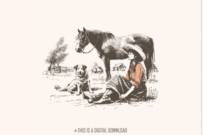 Retro Cowgirl PNG&2C; Western Wild West Digital Download&2C; Cowboy Dog Vint