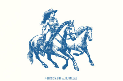 Cowgirl Wild Horses Western PNG, Retro Wild Horses Sublimation, Instan