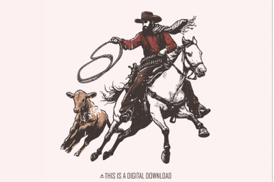 Retro Cowboy Lasso PNG, Western Rodeo Art, Vintage Cowboy png, Wild We