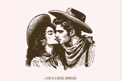 Western Cowboy Cowgirl Kiss PNG, Vintage Illustration, Digital Downloa