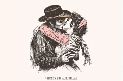 Retro Cowboy Cowgirl Kiss PNG, Vintage Illustration, Digital Download,
