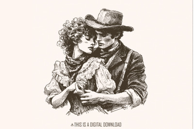 Western Love PNG, Retro Cowboy Cowgirl Kiss, Vintage Illustration, Dig