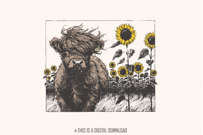 Highland Cow Sunflower PNG, Cow Clipart, Sublimation Design, Farm Anim