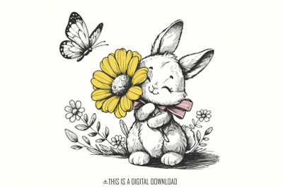 Bunny and Butterfly PNG&2C; Spring Bunny Decorative Design&2C; Floral Bunny