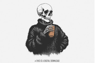 Vintage Skull Drinking Coffee PNG, Sarcastic Skeleton Design, Cozy Swe