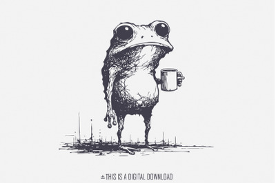 Sarcastic Frog with Coffee Cup PNG, Funny Animal Design, Vintage Frog