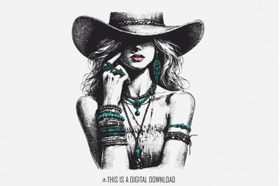 Stylish Cowgirl Fashion, Vintage Western Cowgirl PNG, Boho Chic Cowgir