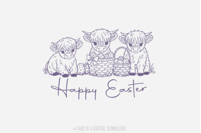 Easter Day Highland Cow PNG&2C; Cute Easter Png&2C; Retro Easter Png&2C; Happy