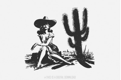 Retro Cowgirl Cactus png, Western PNG, Cowboy PNG, Vintage Wrangler, C