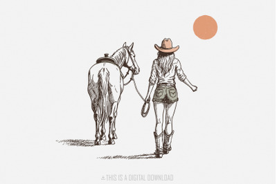 Retro Cowgirl png, Wild West Decor, Cowgirl Illustration, Bohemian Boh