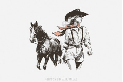 Cowgirl PNG, Western Desert Scene, Ranch Scene, Cowboy Sublimation Des